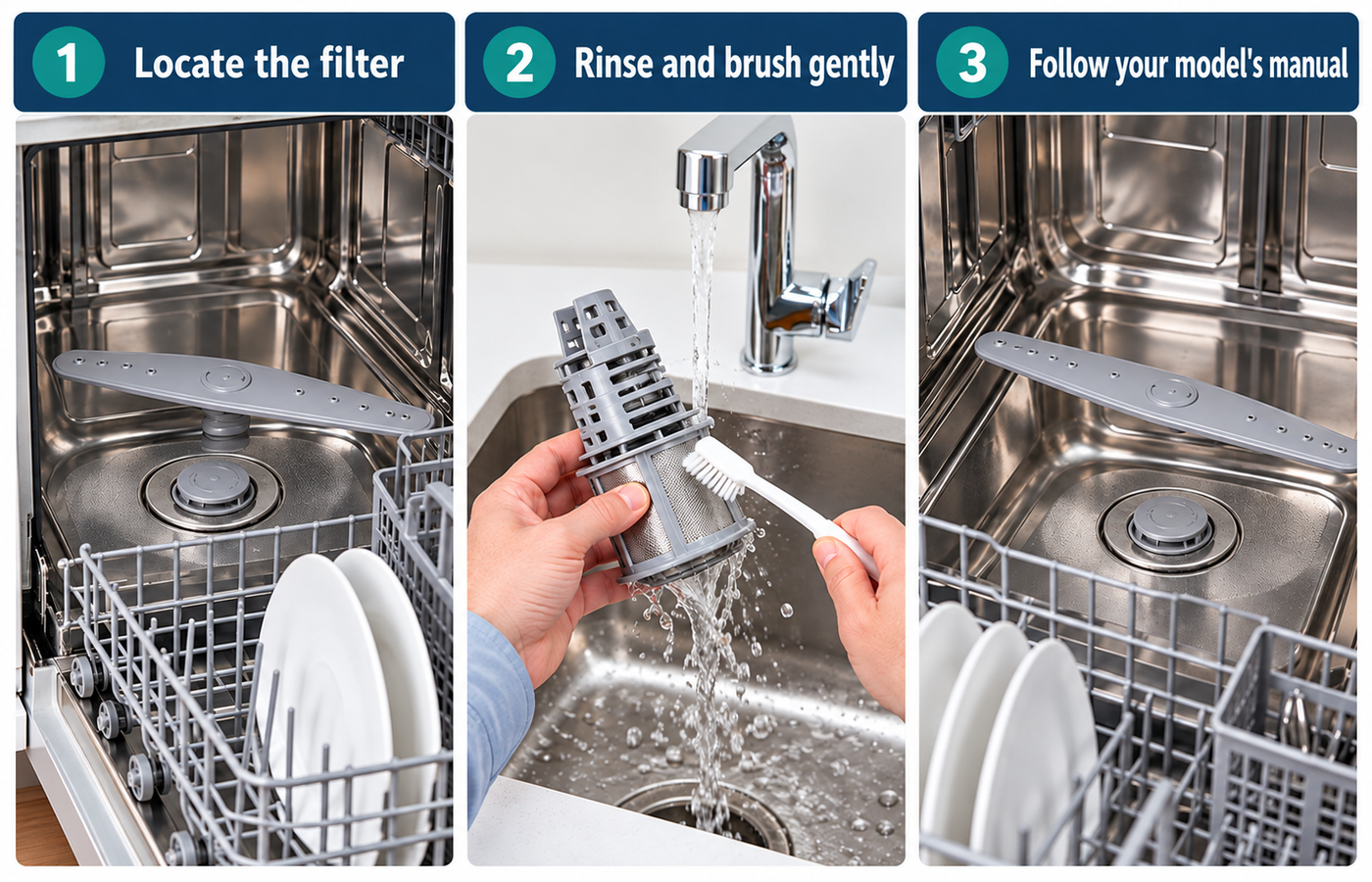 Model-agnostic example of a dishwasher's removable filter area with the lower rack pulled out and a soft cleaning brush nearby