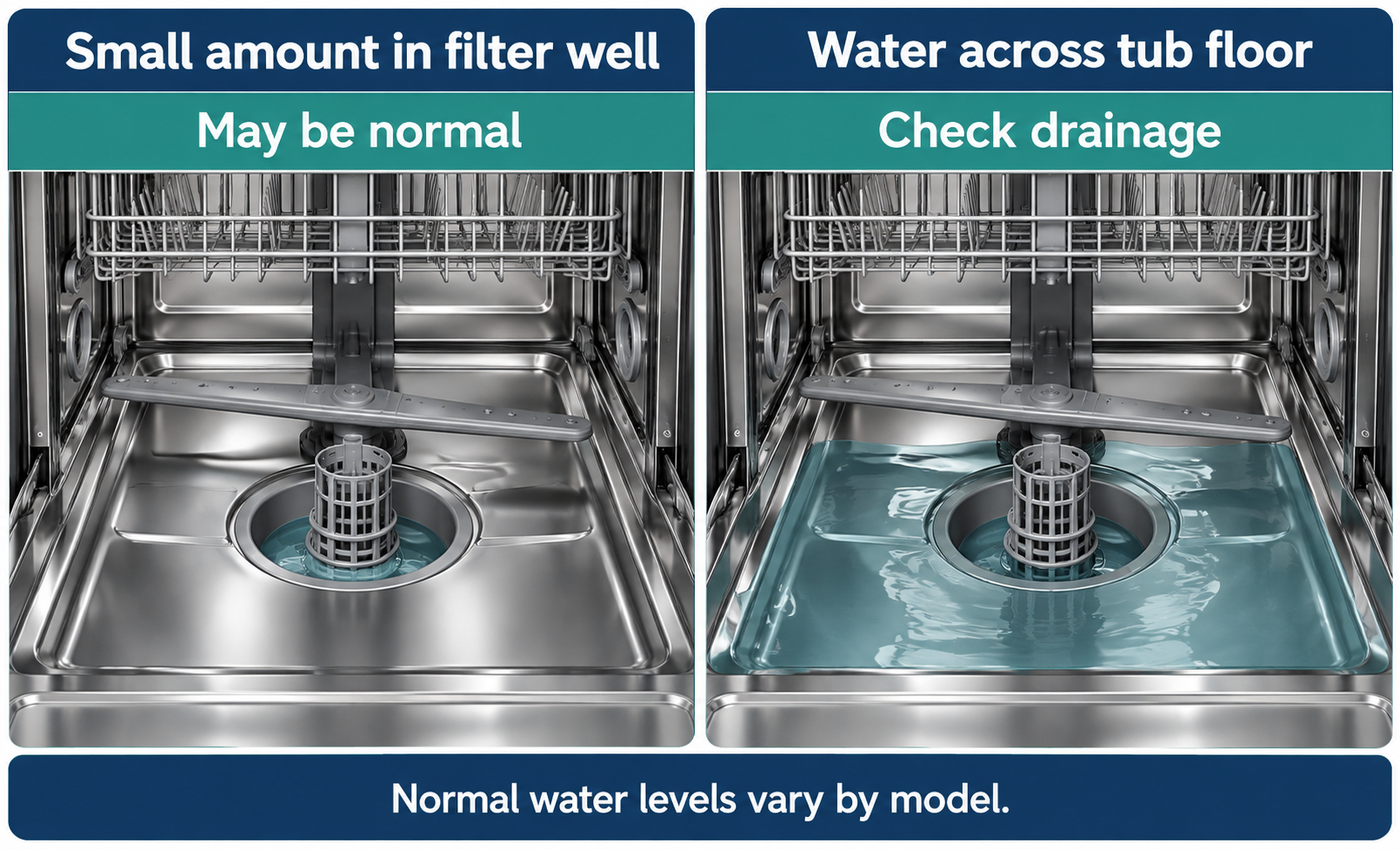 Comparison of a small amount of water in a dishwasher filter well and excessive standing water across the tub floor