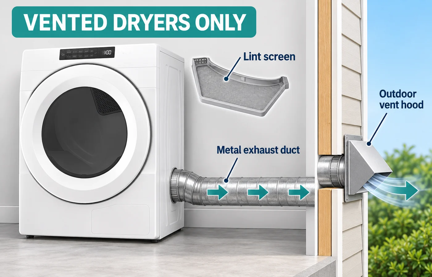 Illustration showing dryer lint filter, rear exhaust duct and outdoor vent flap inspection points