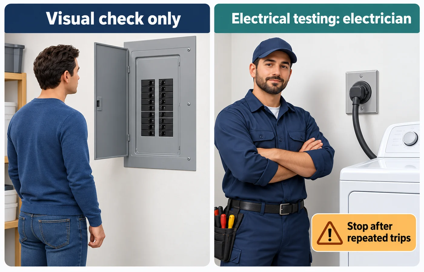 Safety diagram showing a homeowner checking only the closed breaker panel and calling an electrician for wiring faults