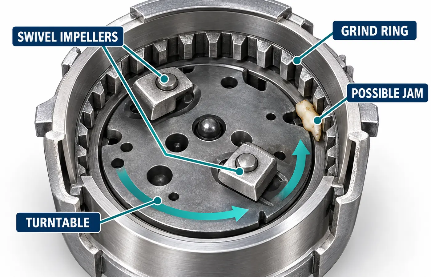 Illustration of a garbage disposal turntable, swivel impellers, and stationary grind ring, showing where an object can cause a jam