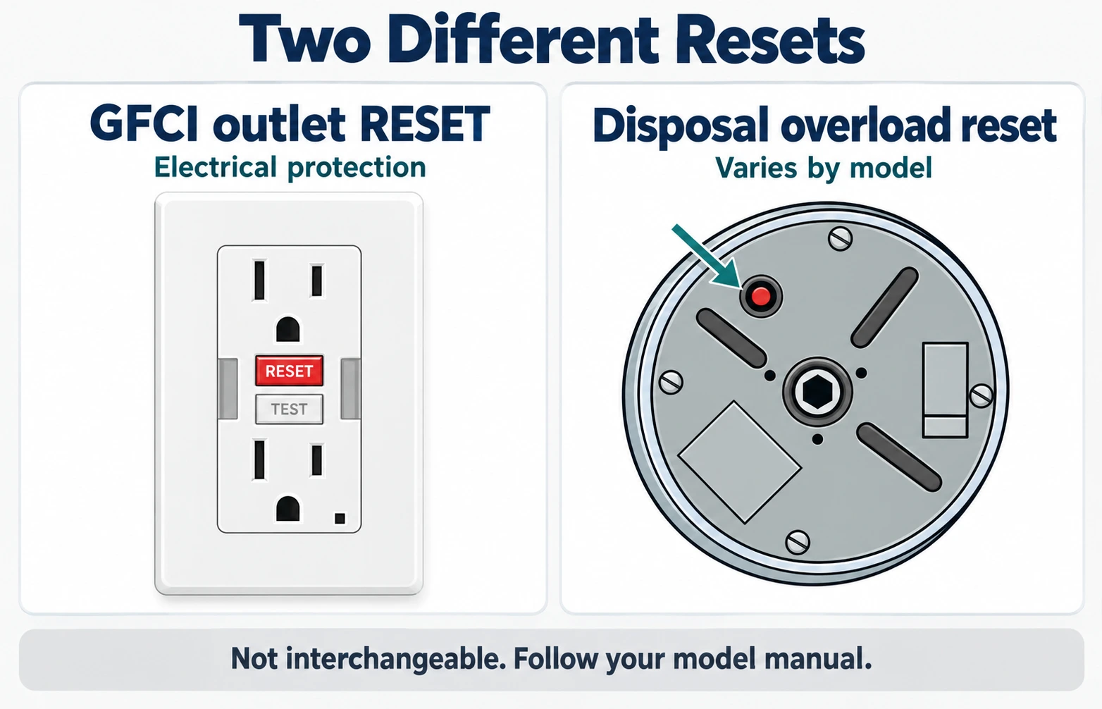 Illustration distinguishing a household GFCI reset control from a model-dependent garbage disposal motor overload reset