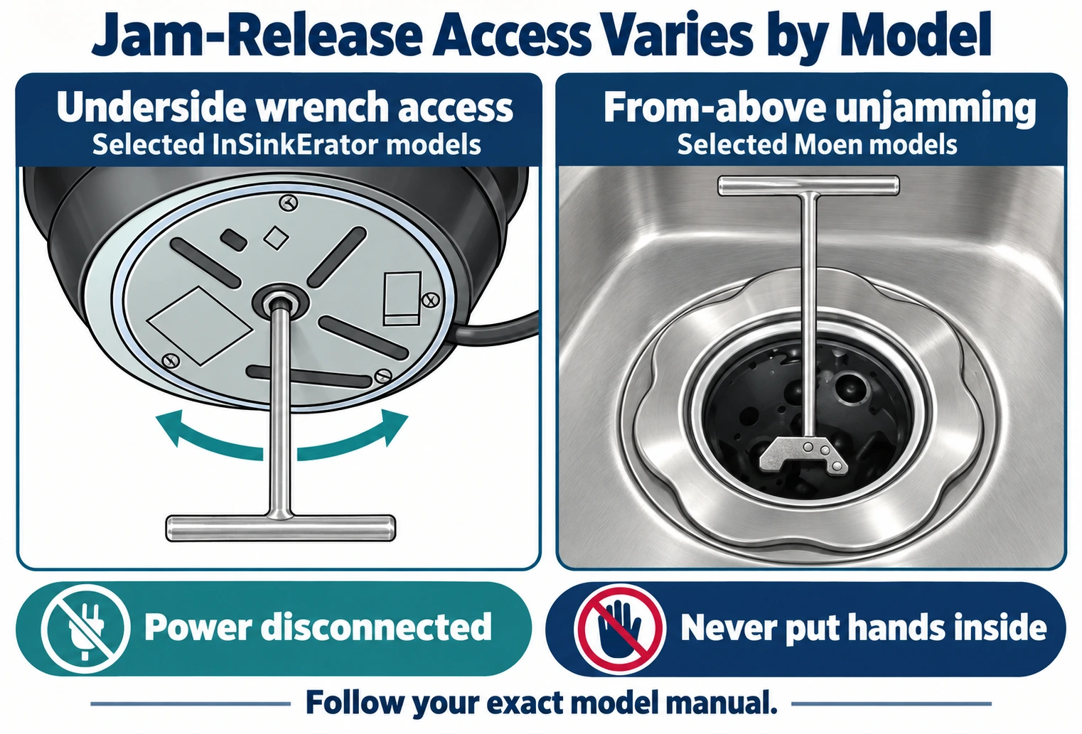 Two separate model-based examples of garbage disposal jam-release access from below and from the sink opening