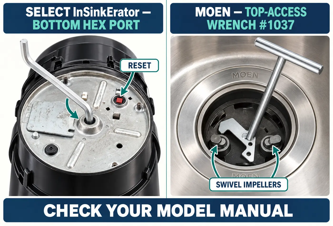 Comparison of bottom-center wrench access on a compatible InSinkErator disposal and top-opening unjamming using a Moen-style manufacturer tool
