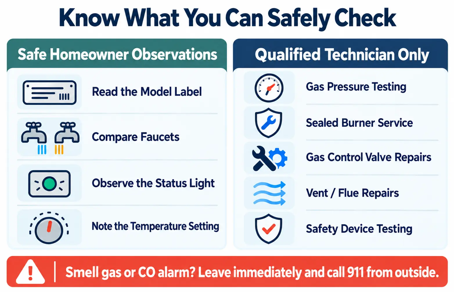 Safety infographic separating homeowner observations from gas and combustion repairs requiring a qualified technician