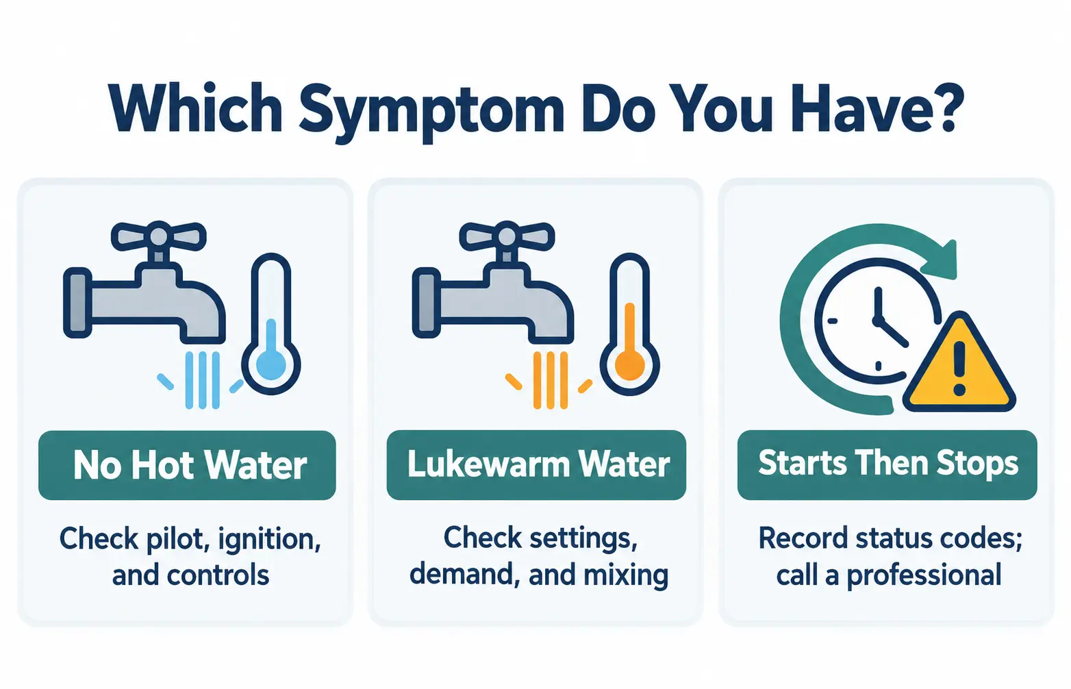 Decision guide separating no hot water, lukewarm water, and a gas water heater that lights then shuts off