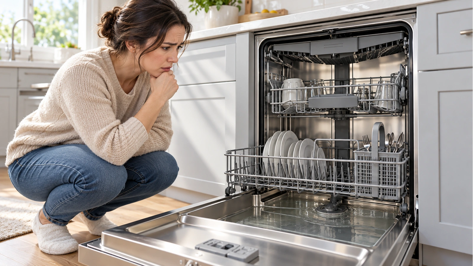 Open built-in dishwasher with standing water in the tub as a homeowner checks the drainage problem