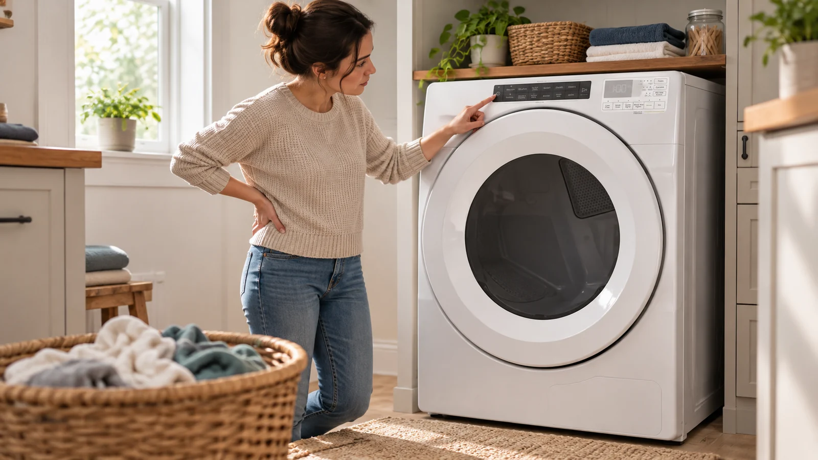 Homeowner checking the controls of a clothes dryer that is not heating