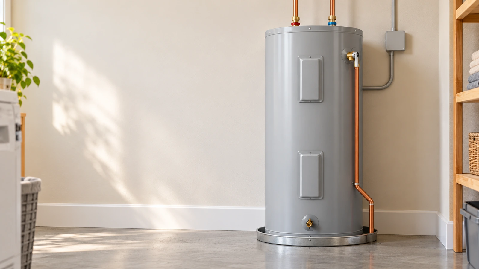 Residential electric storage water heater with closed access covers in a utility room