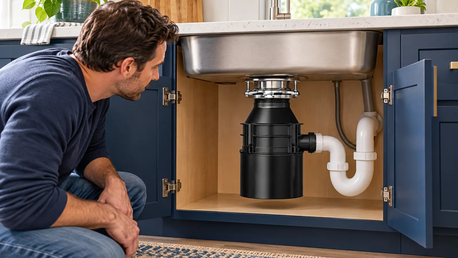 Residential kitchen sink with an installed garbage disposal beneath it as a homeowner checks a humming disposal problem