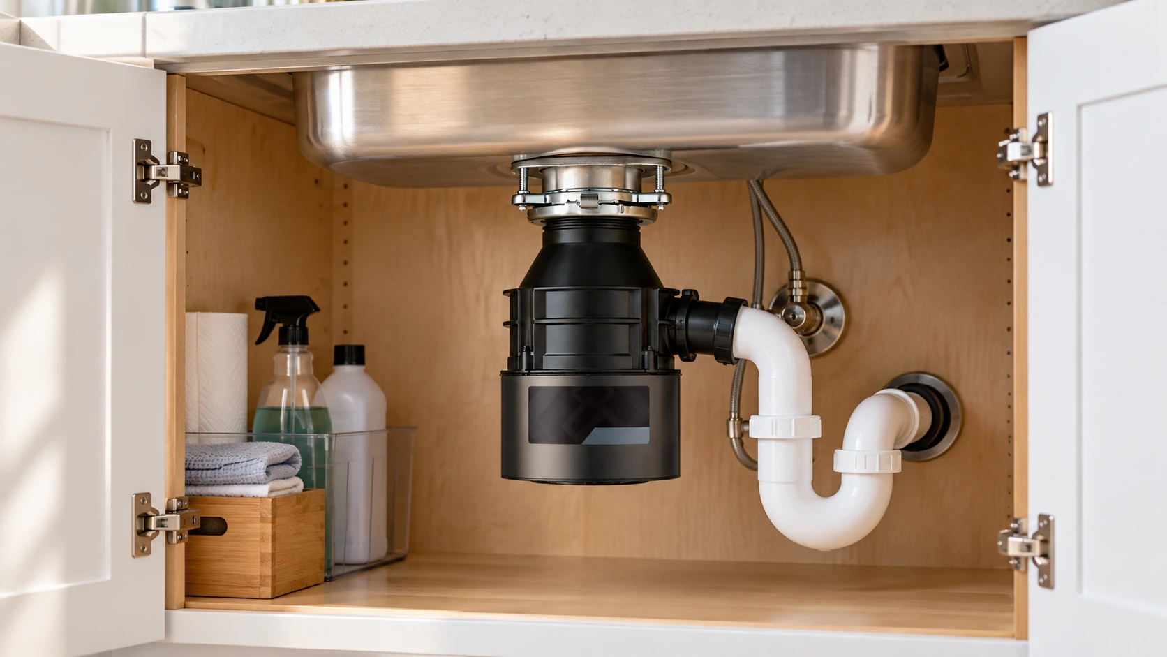 Residential garbage disposal installed under a kitchen sink with the cabinet open