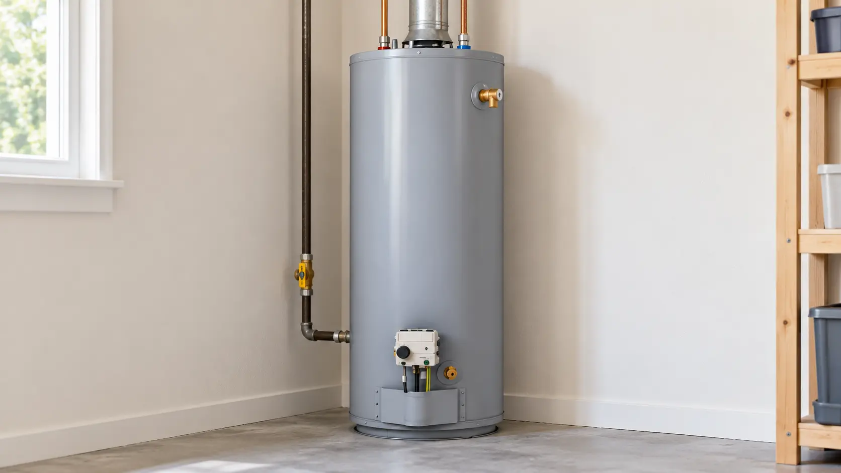 Residential gas storage water heater with exterior gas controls and venting visible.
