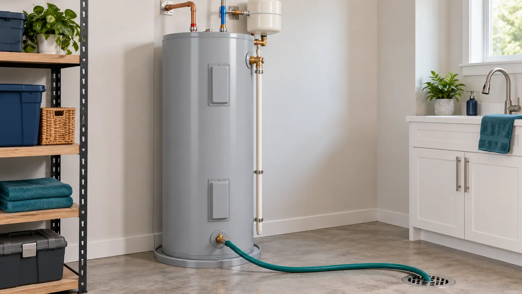 Garden hose connected to the drain valve of a residential tank water heater for sediment flushing