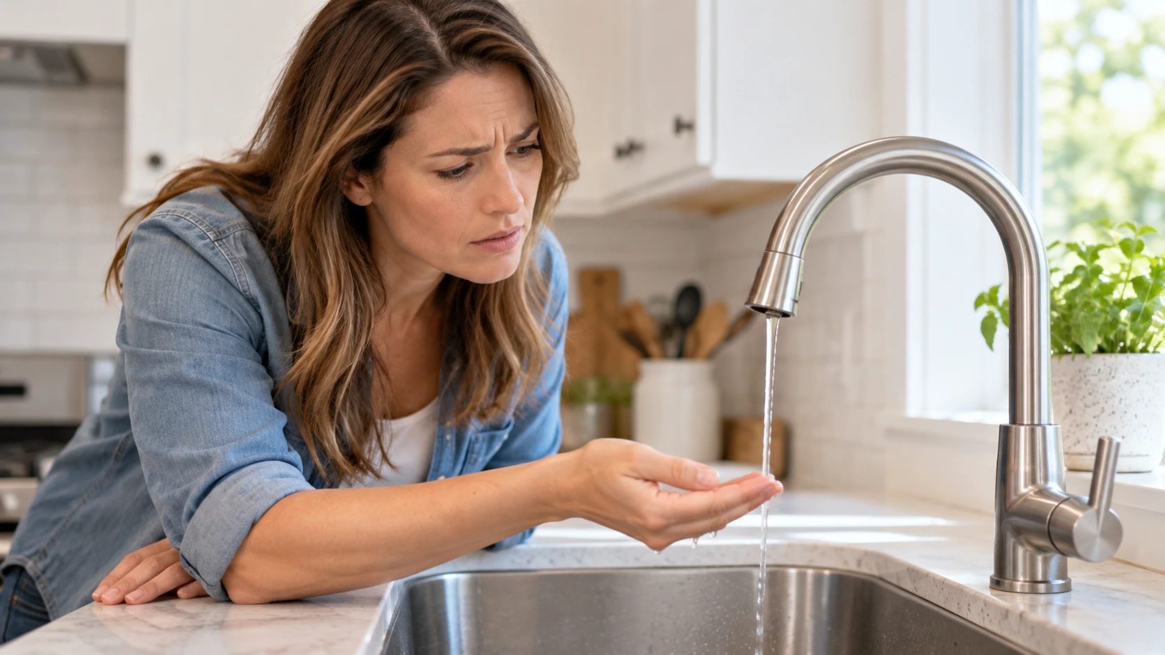 Homeowner checking weak water flow from a kitchen faucet in a residential home