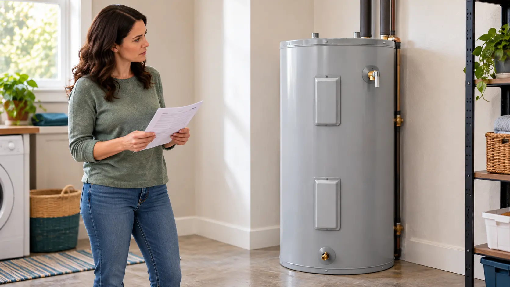 Newly installed electric water heater in a utility room while a homeowner reviews the installation paperwork