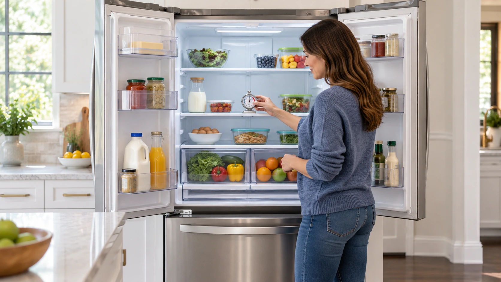 Homeowner checking the temperature inside an open household refrigerator with an appliance thermometer