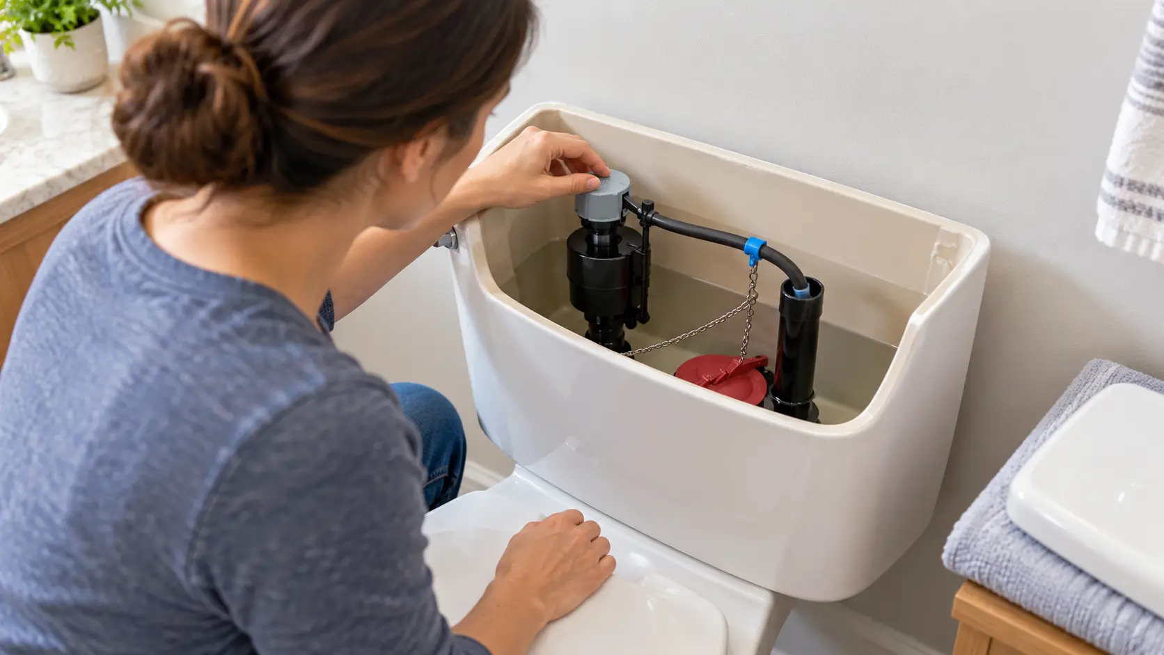 Homeowner inspecting an open toilet tank to find the cause of continuously running water