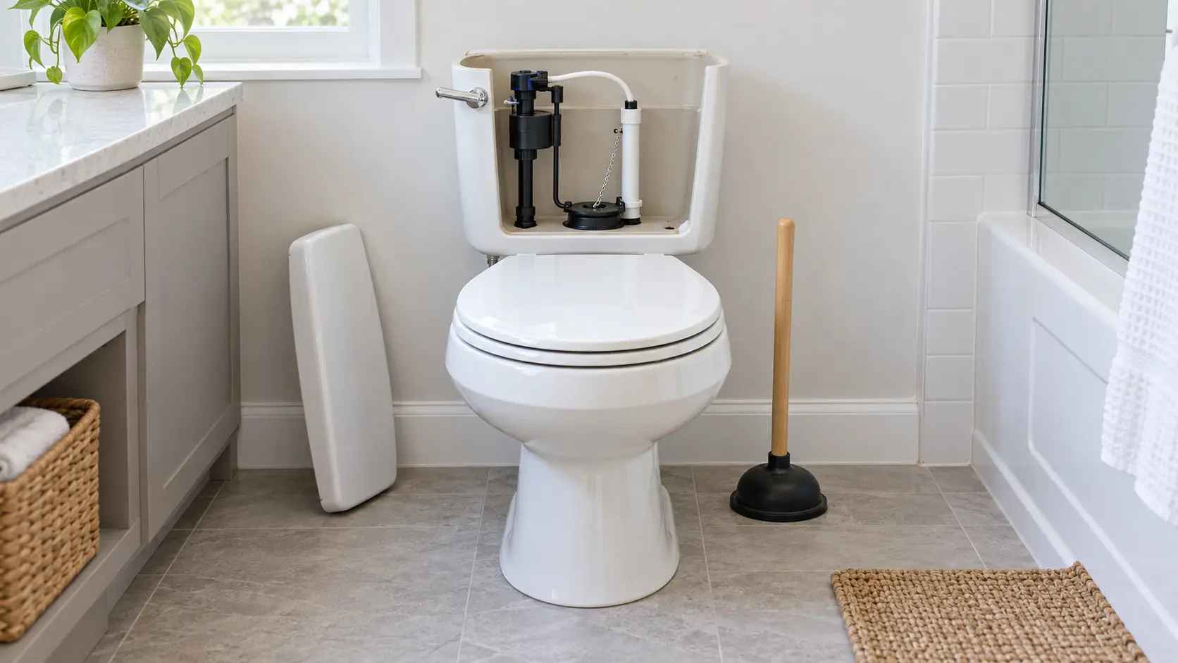 Toilet with the tank open for troubleshooting a flushing problem
