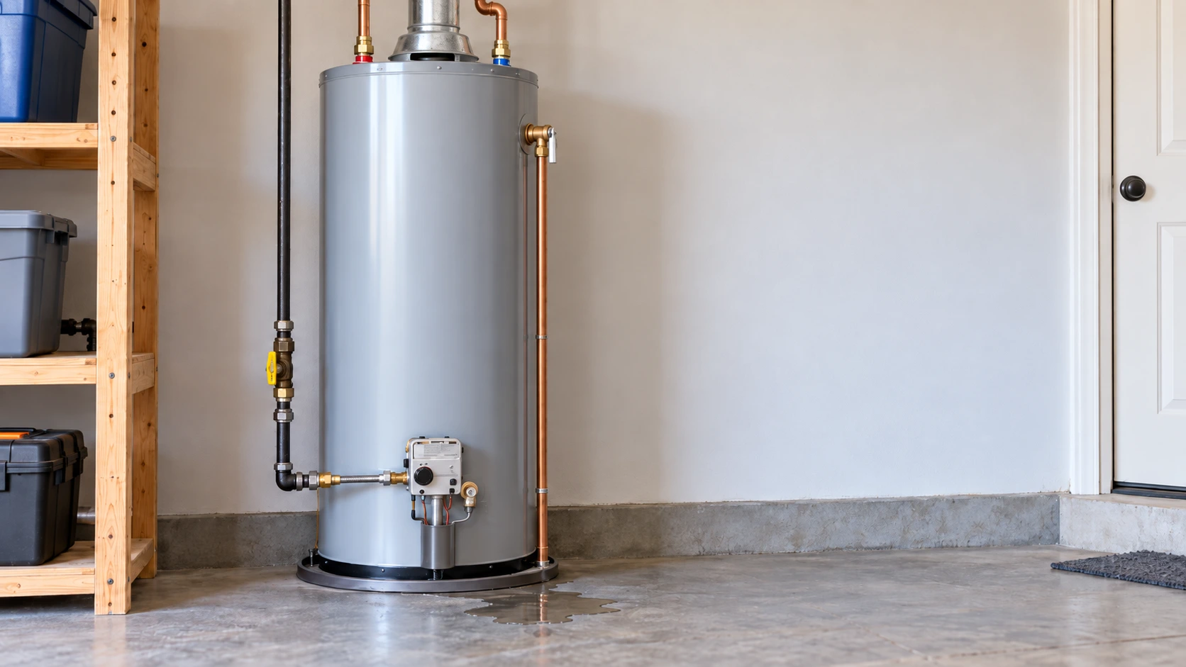 Residential tank water heater with water pooling on the floor near its base.