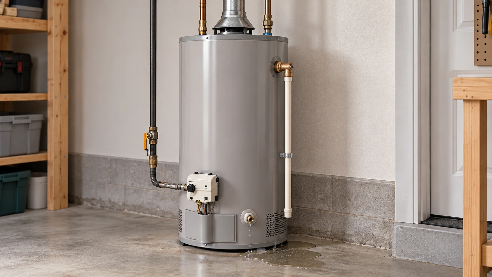 Residential tank water heater with a small puddle of water near the base