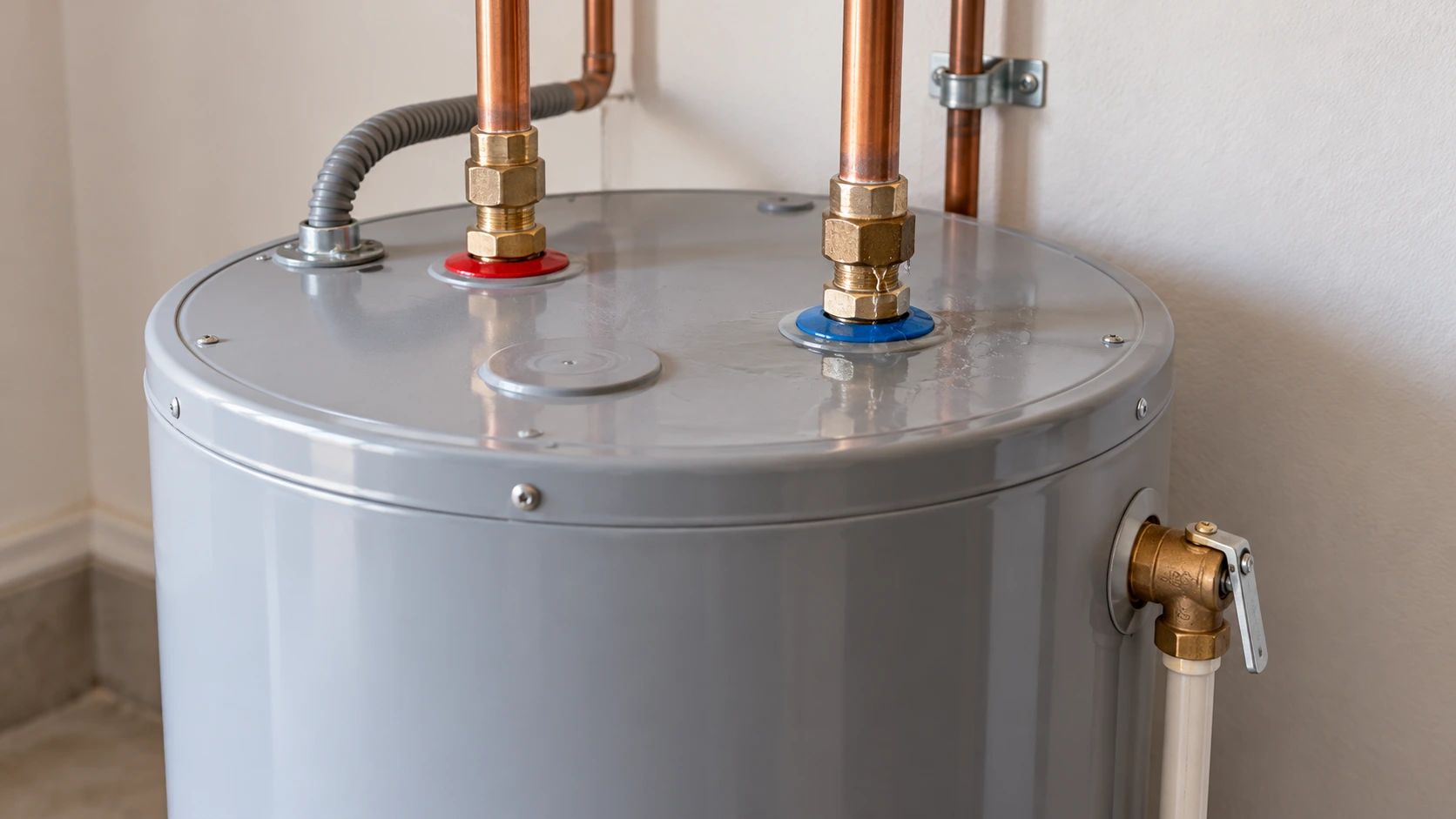 Moisture near the water supply connections at the top of a residential storage-tank water heater