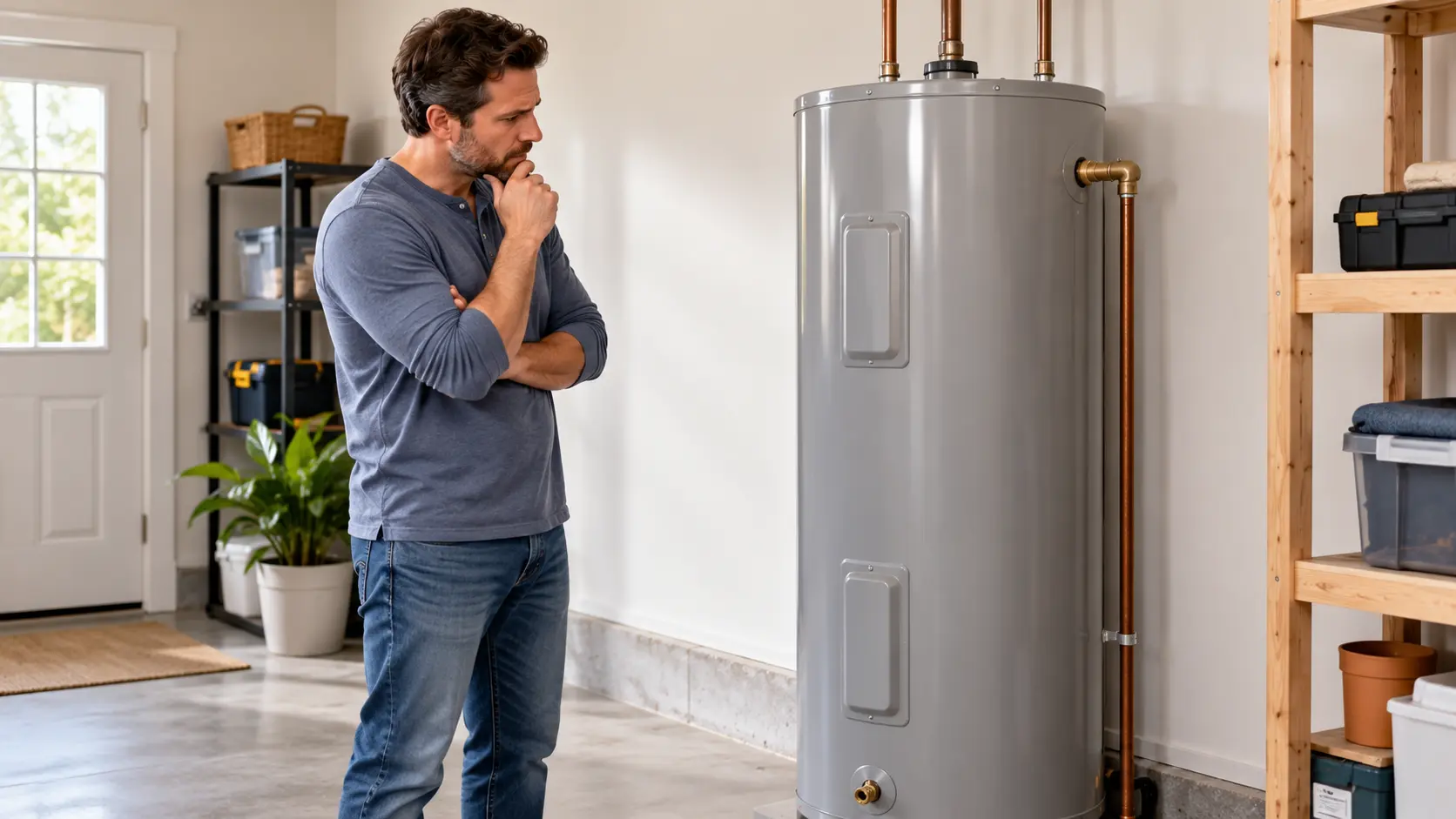 Homeowner checking a residential tank water heater in a utility room