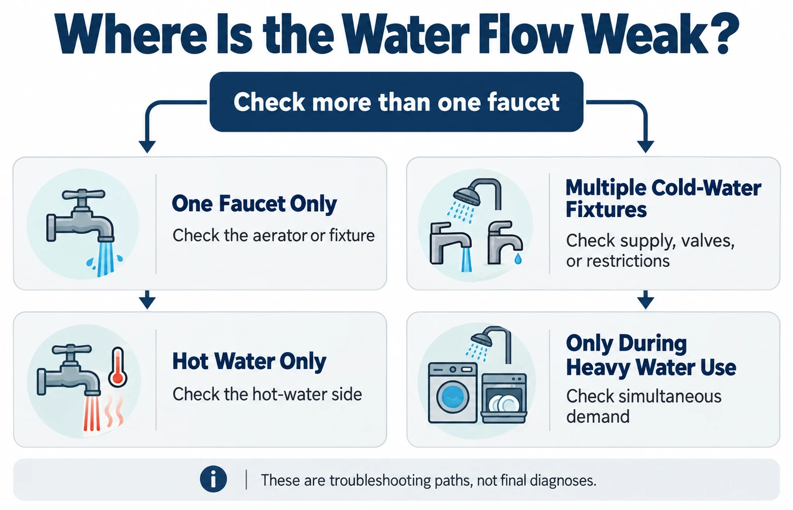 Decision guide comparing low water flow at one faucet, the whole house, hot water only, and during simultaneous use