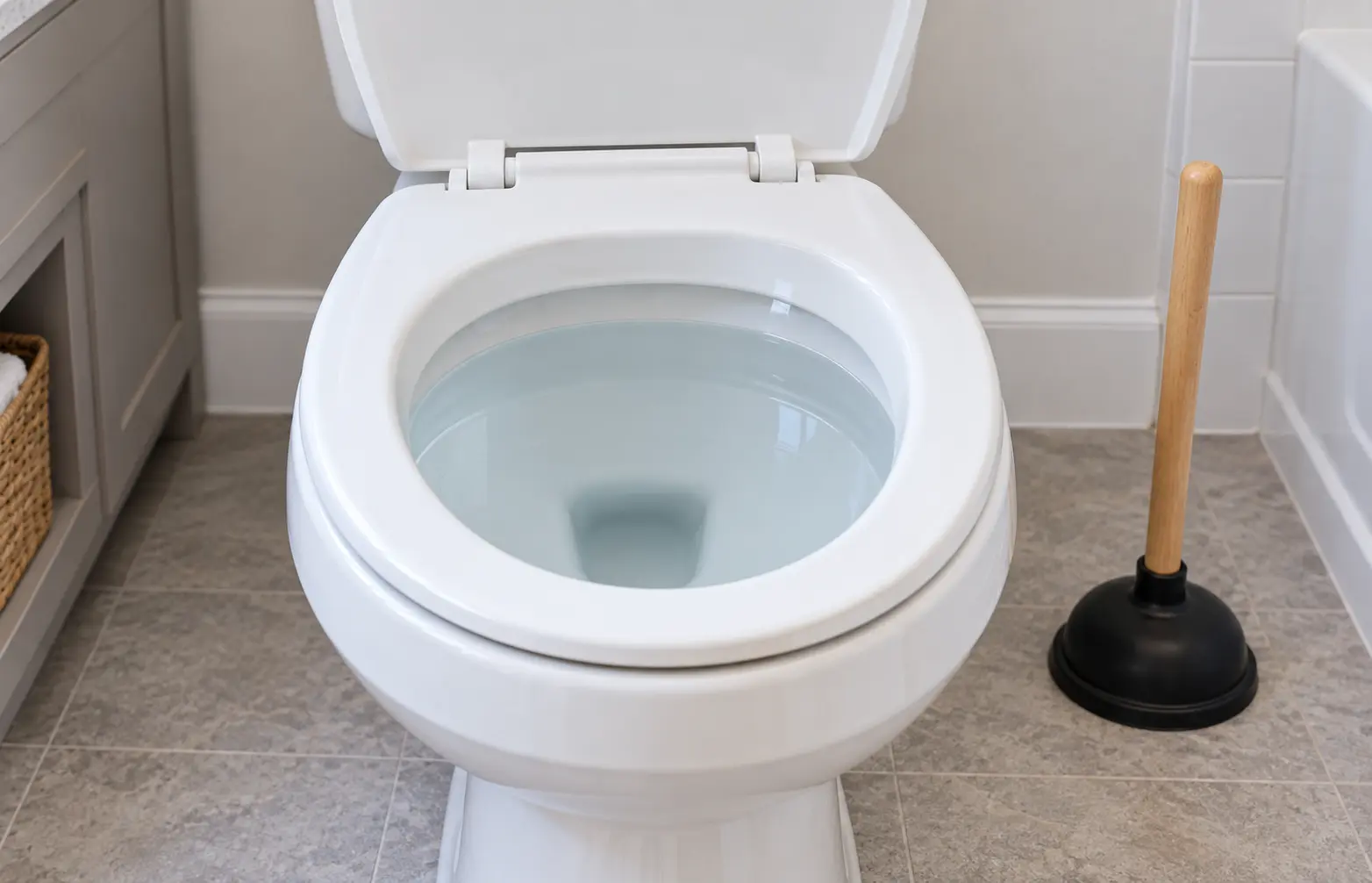 Toilet bowl with a high water level indicating a possible clog