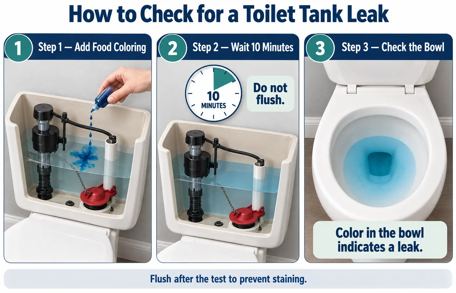 Three-step toilet dye test: add coloring to the tank, wait ten minutes without flushing, then check the bowl