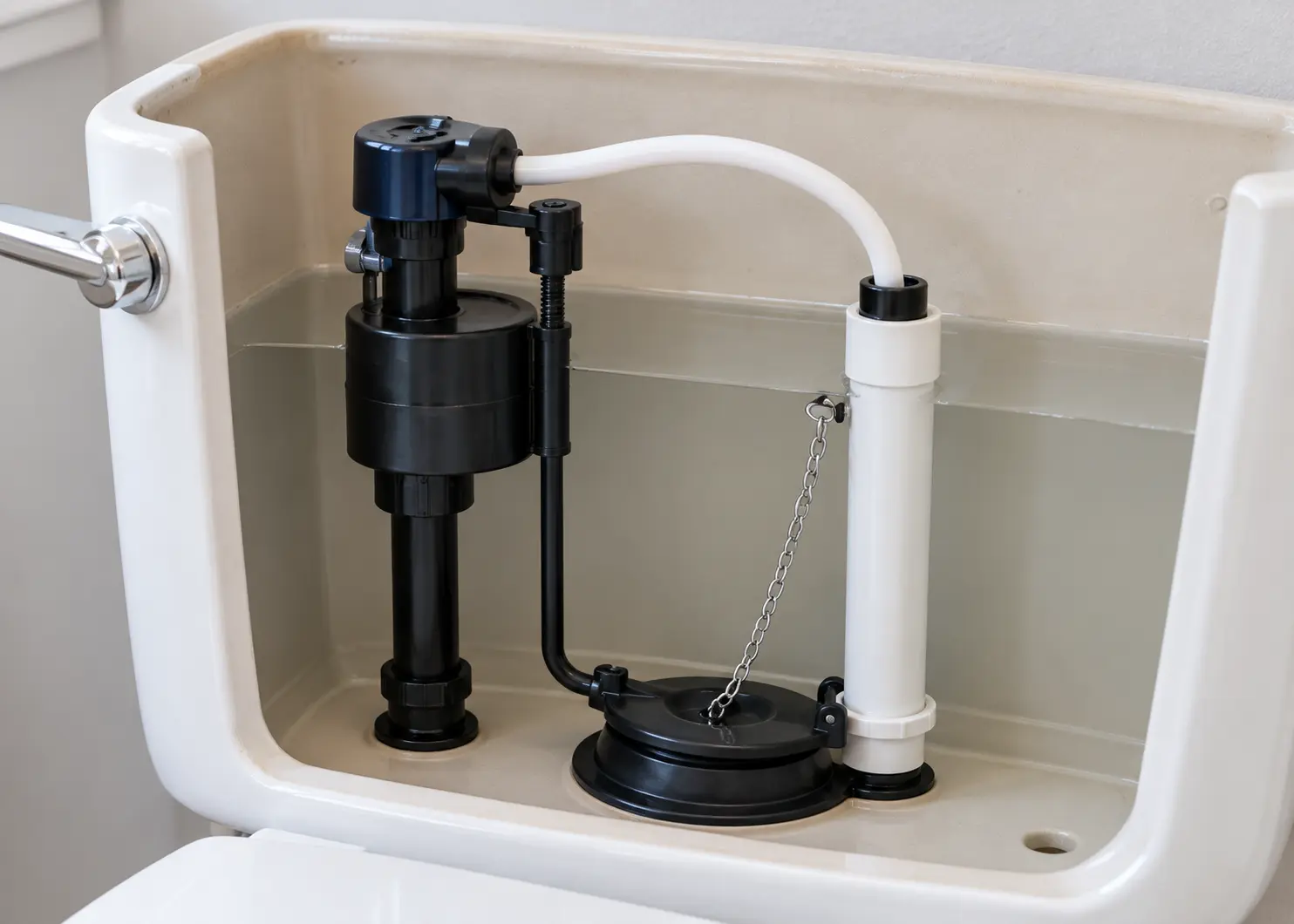 Toilet tank showing the fill valve, overflow tube and normal water level