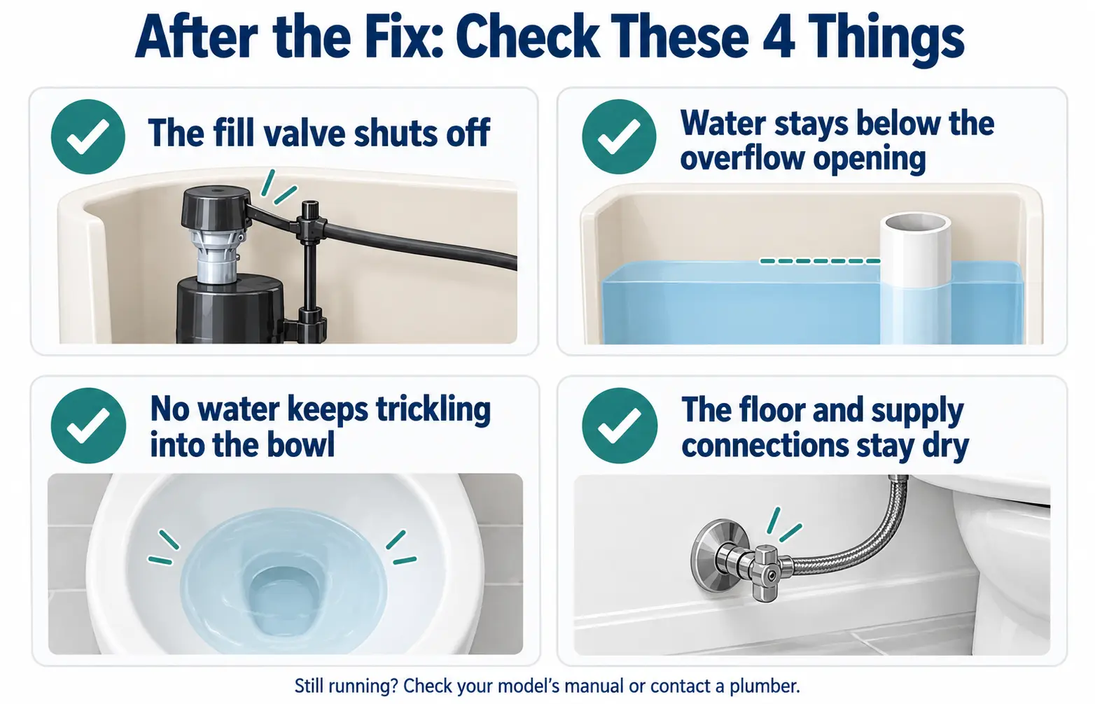 Checklist for confirming a running toilet repair: proper refill, no overflow, no bowl trickle, and dry floor