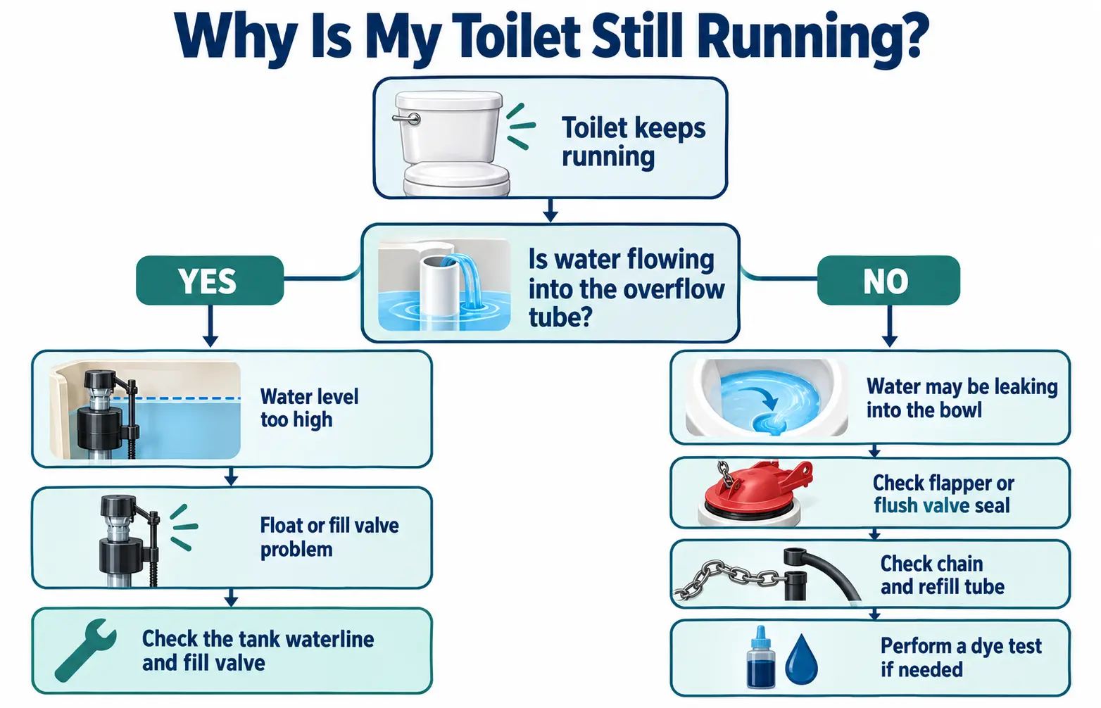 Decision tree for a running toilet: check overflow, then look for a tank-to-bowl leak