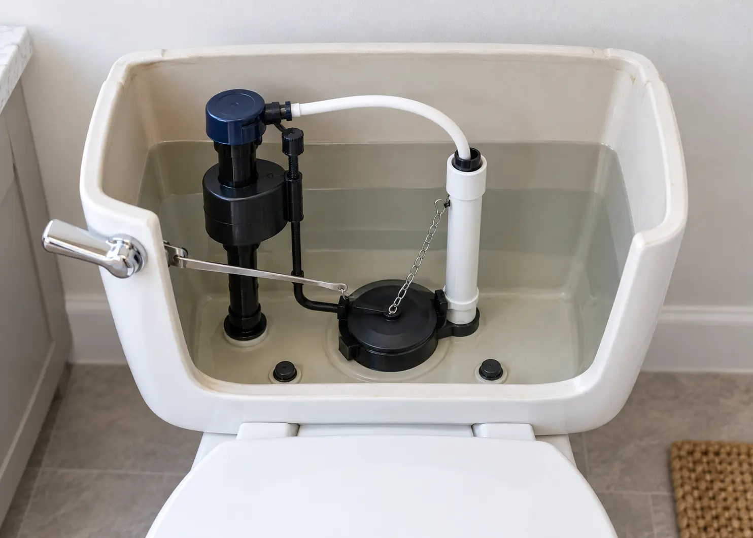 Open toilet tank showing the fill valve, flush valve, chain and water level