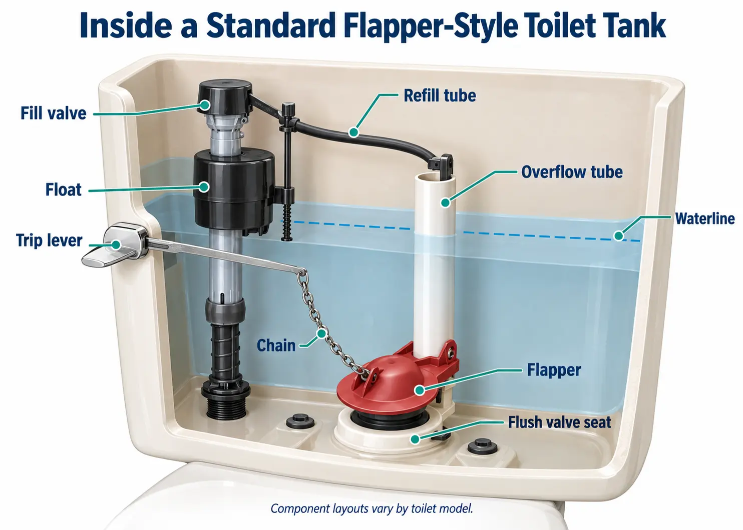 Labeled flapper-style toilet tank showing fill valve, float, refill tube, overflow tube, chain, and flapper