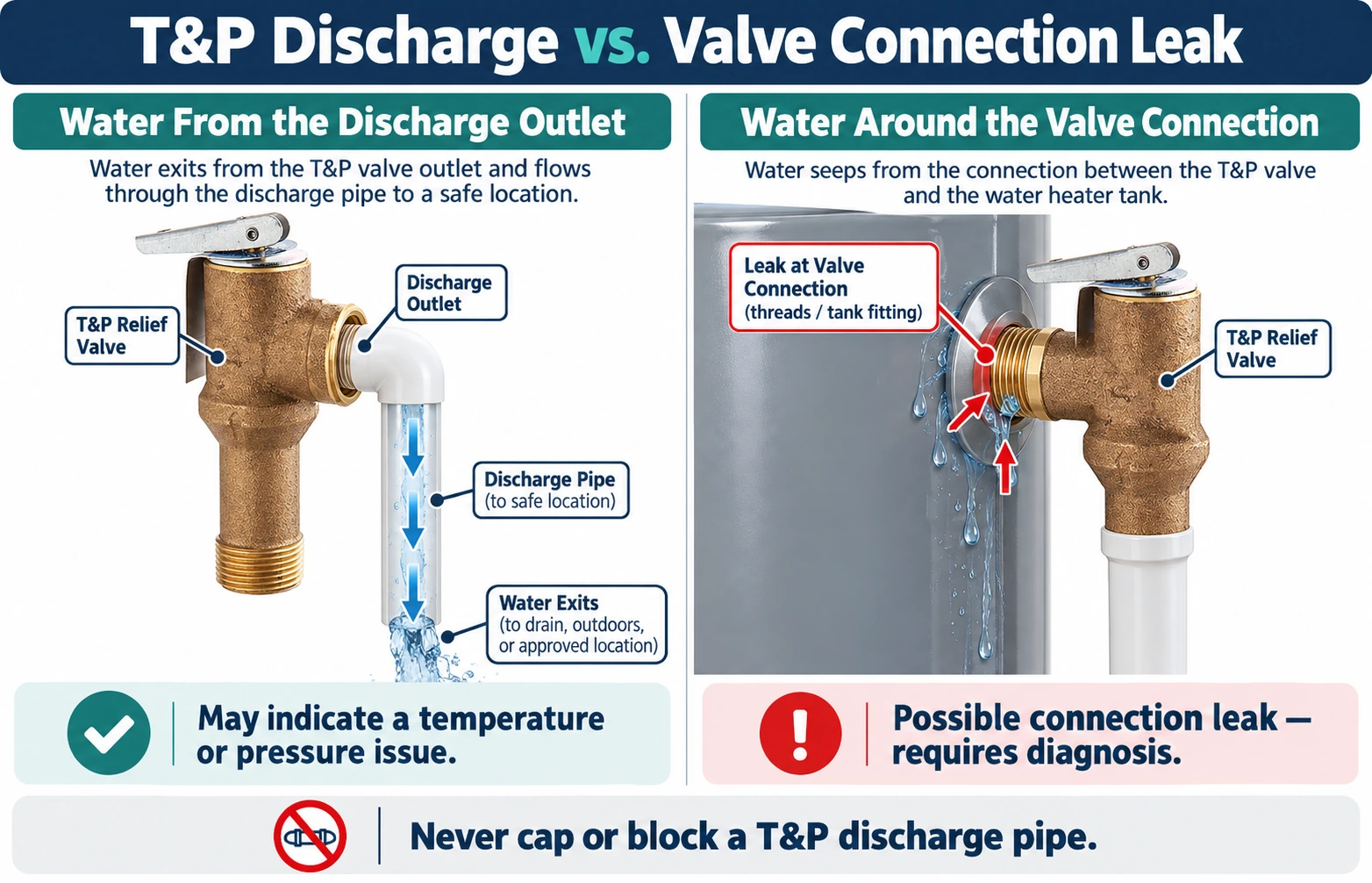 Conceptual comparison showing water leaving a temperature and pressure relief discharge versus water seeping around the valve mounting threads