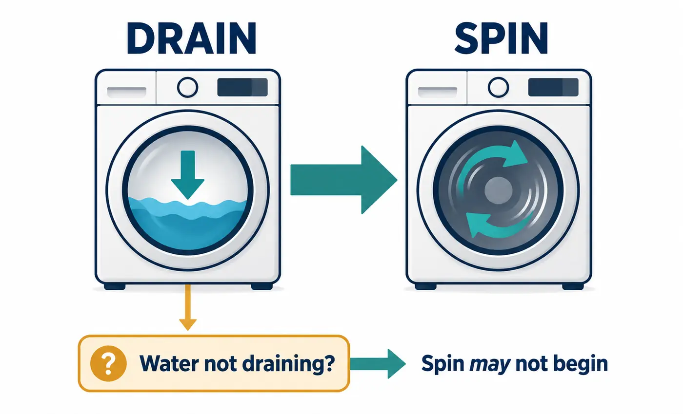 Conceptual diagram showing the drainage stage followed by spinning and how a drainage failure can interrupt the sequence