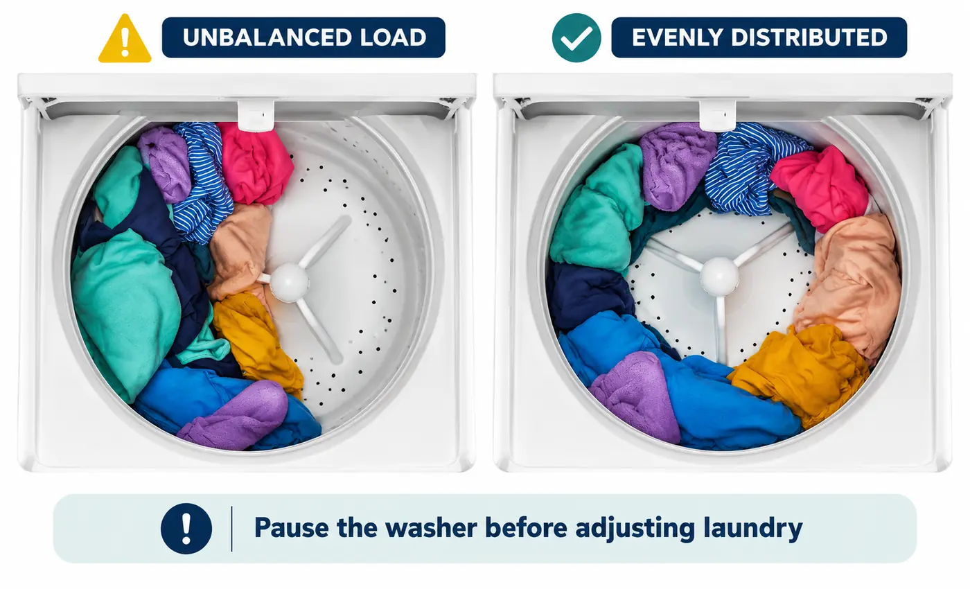 Illustration of unevenly bunched wet laundry compared with an evenly distributed load in a top-load washer basket
