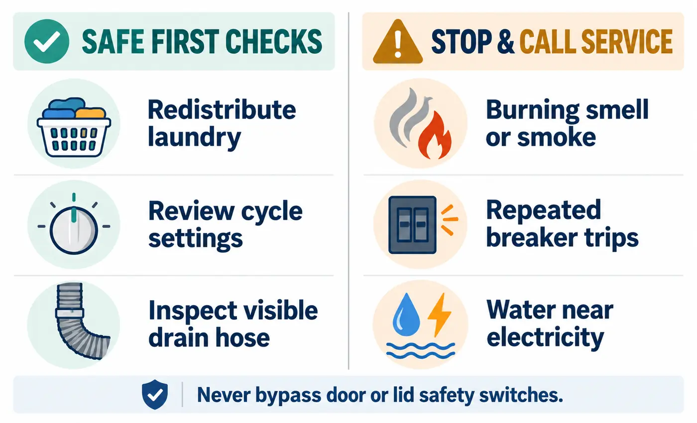 Safety chart separating homeowner washer checks from signs that require a qualified appliance technician or electrician