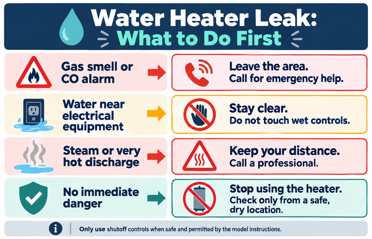 Safety-first decision flow for water found around the base of a water heater, distinguishing emergency hazards from safe visual checks