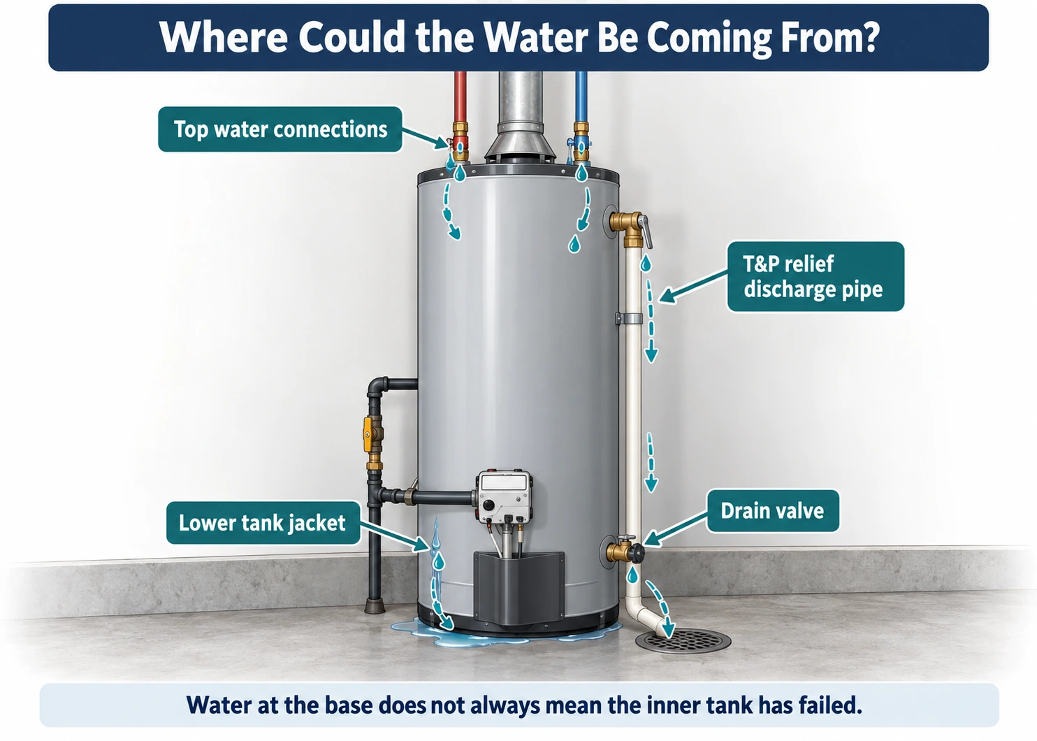 Annotated residential storage water heater showing possible external water paths from upper piping, T&P discharge pipe, and drain valve to the floor