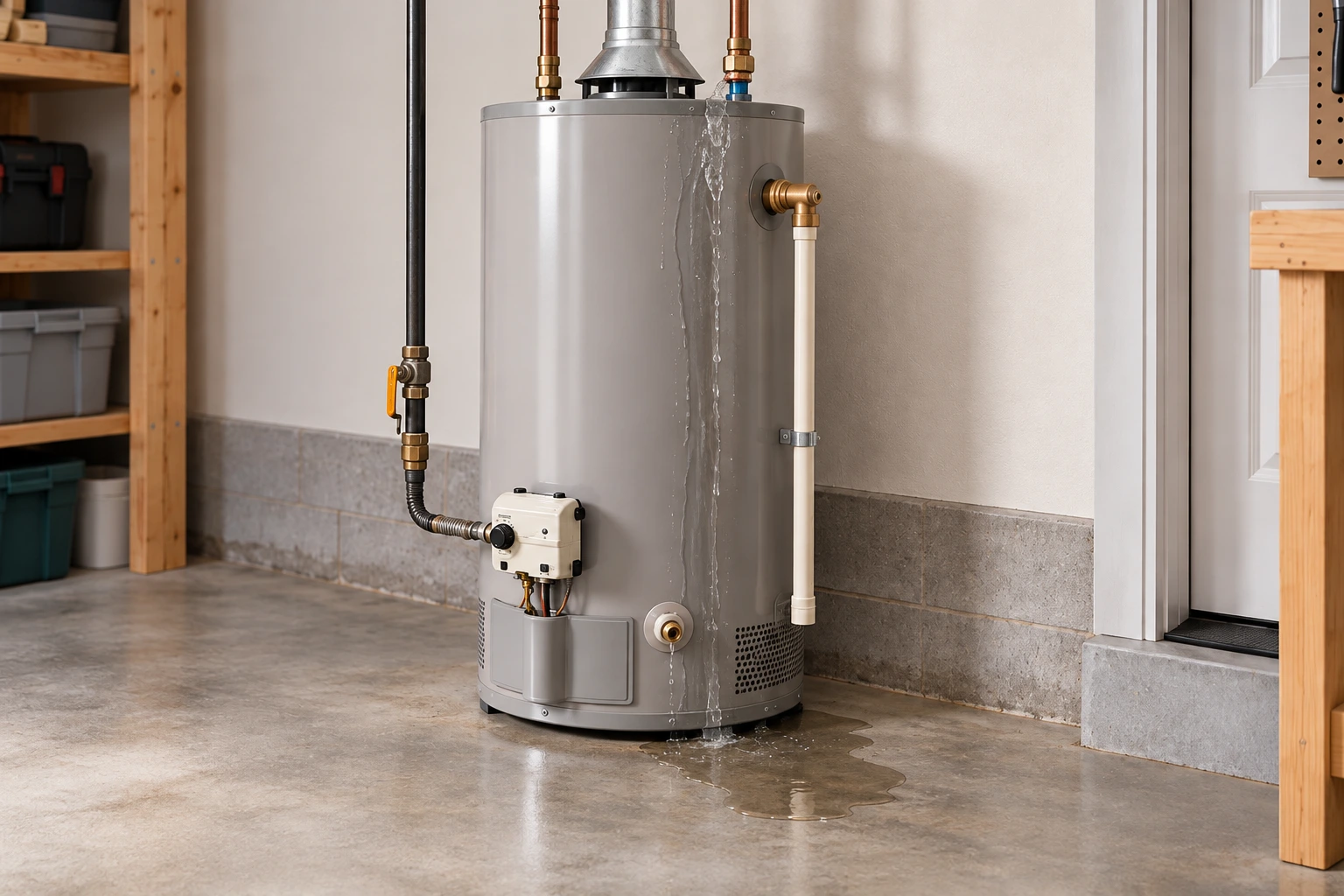 Water running from an upper water heater connection down the tank and collecting near the base