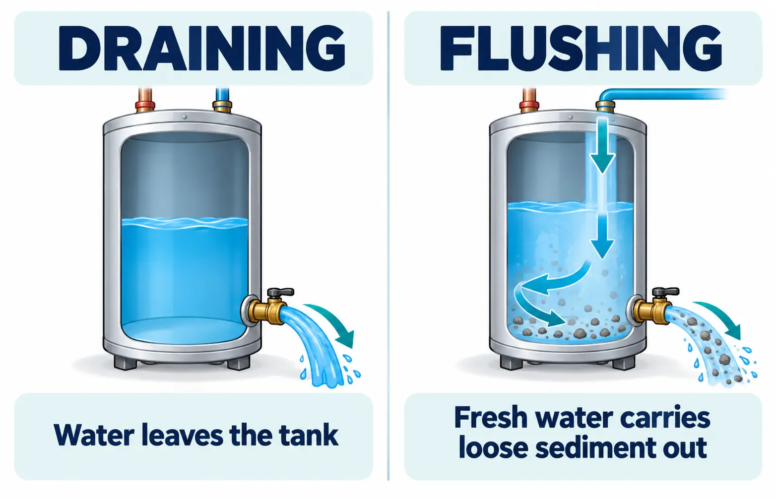 Conceptual side-by-side diagram comparing tank water draining with cold-water sediment flushing through the bottom drain valve