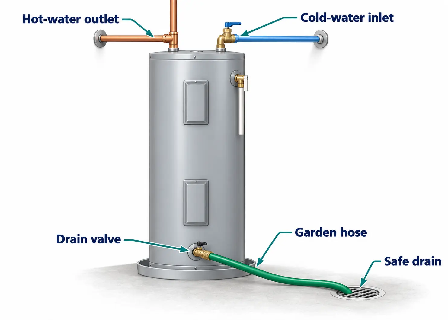 Labeled exterior features of a typical storage-tank water heater, including cold-water inlet, drain valve and safe hose route