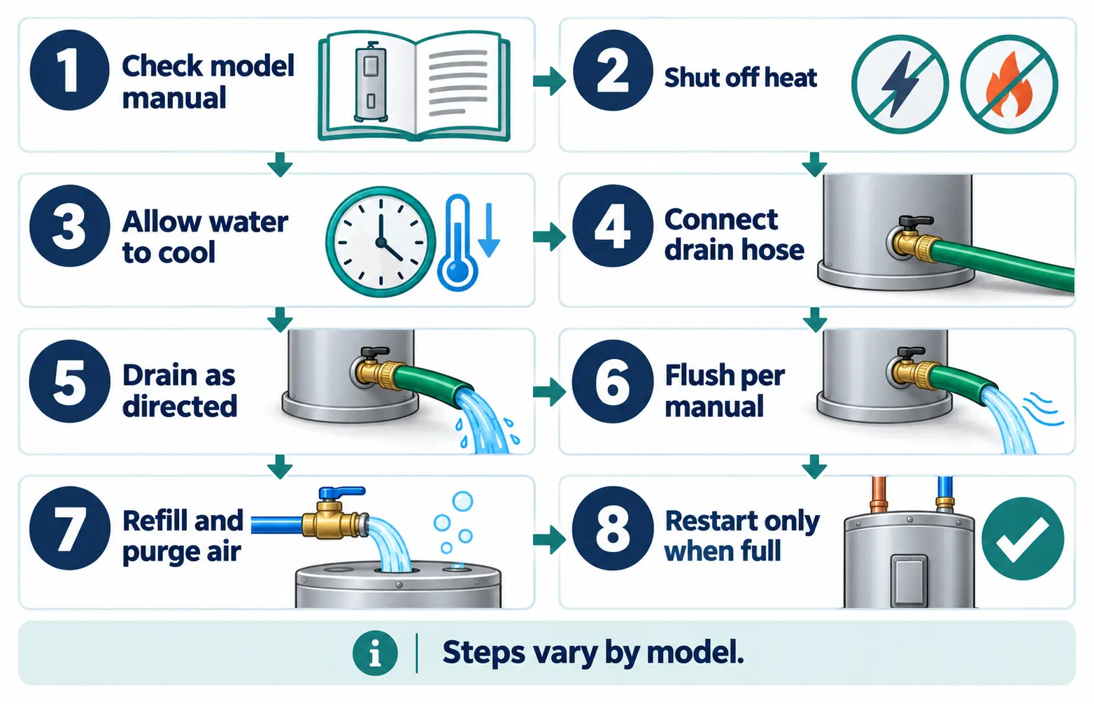 Eight-stage water heater flushing flowchart showing shutdown, cooling, drainage, flushing, refilling and safe restart