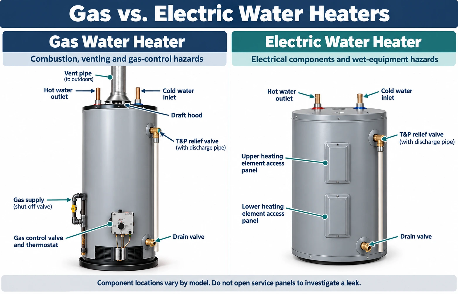 Separate, realistic gas and electric residential storage-tank water heaters with noninvasive safety callouts for different components