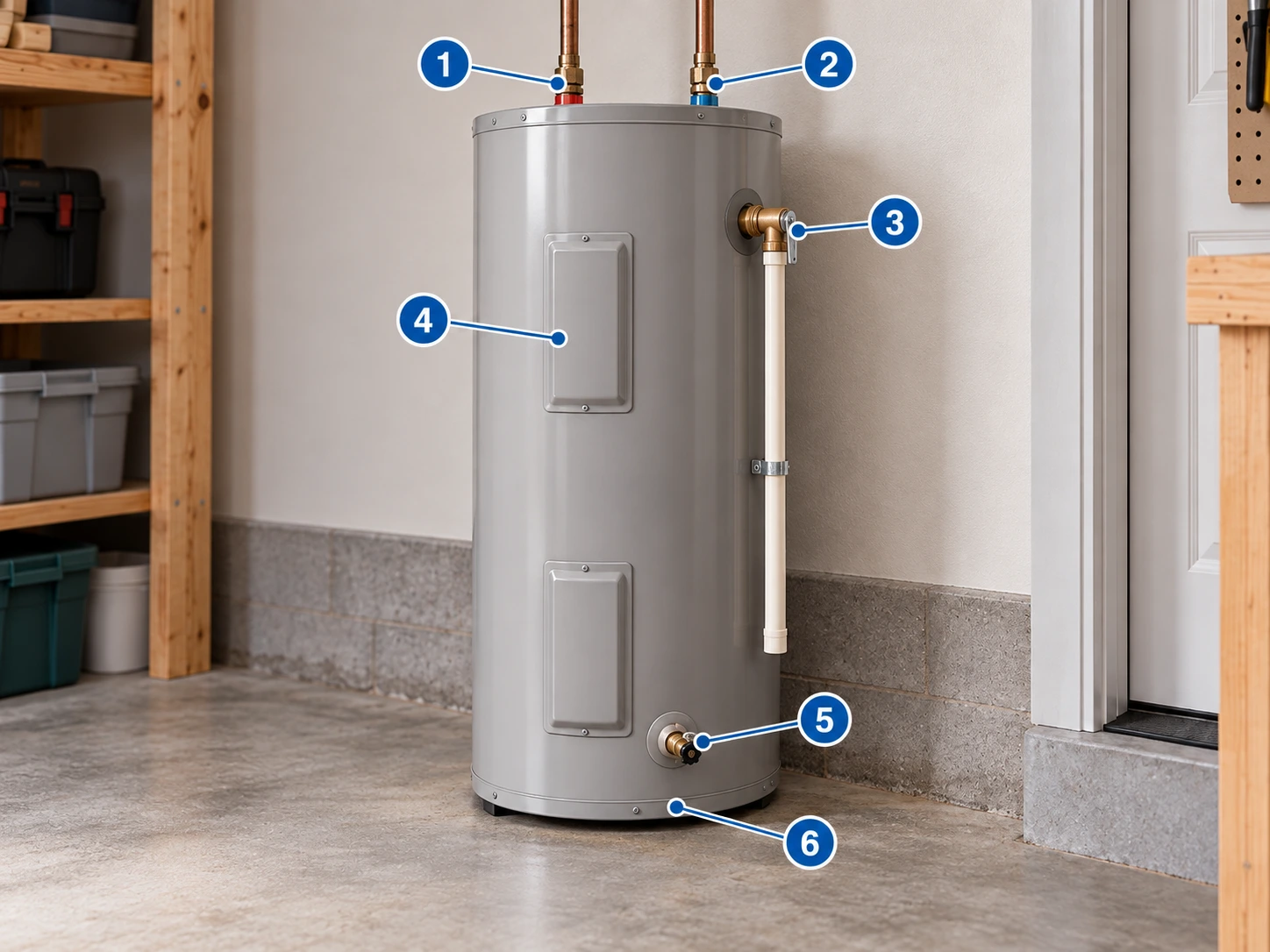 Diagram showing common places to check for a water heater leak