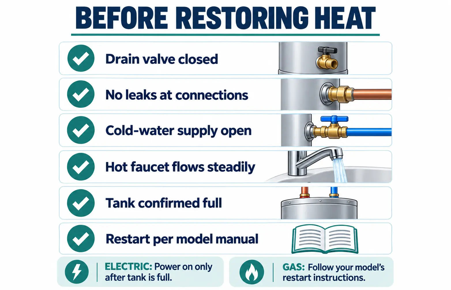 Safety checklist for refilling a tank water heater and purging air before restoring electrical or gas heat