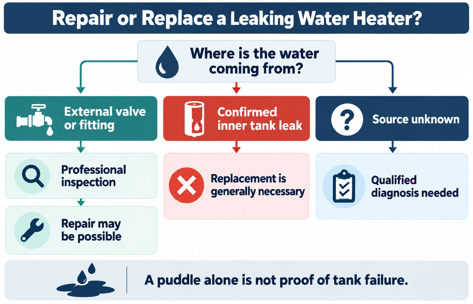 Decision graphic showing professional repair assessment for external water heater leaks and replacement for a confirmed inner-tank breach
