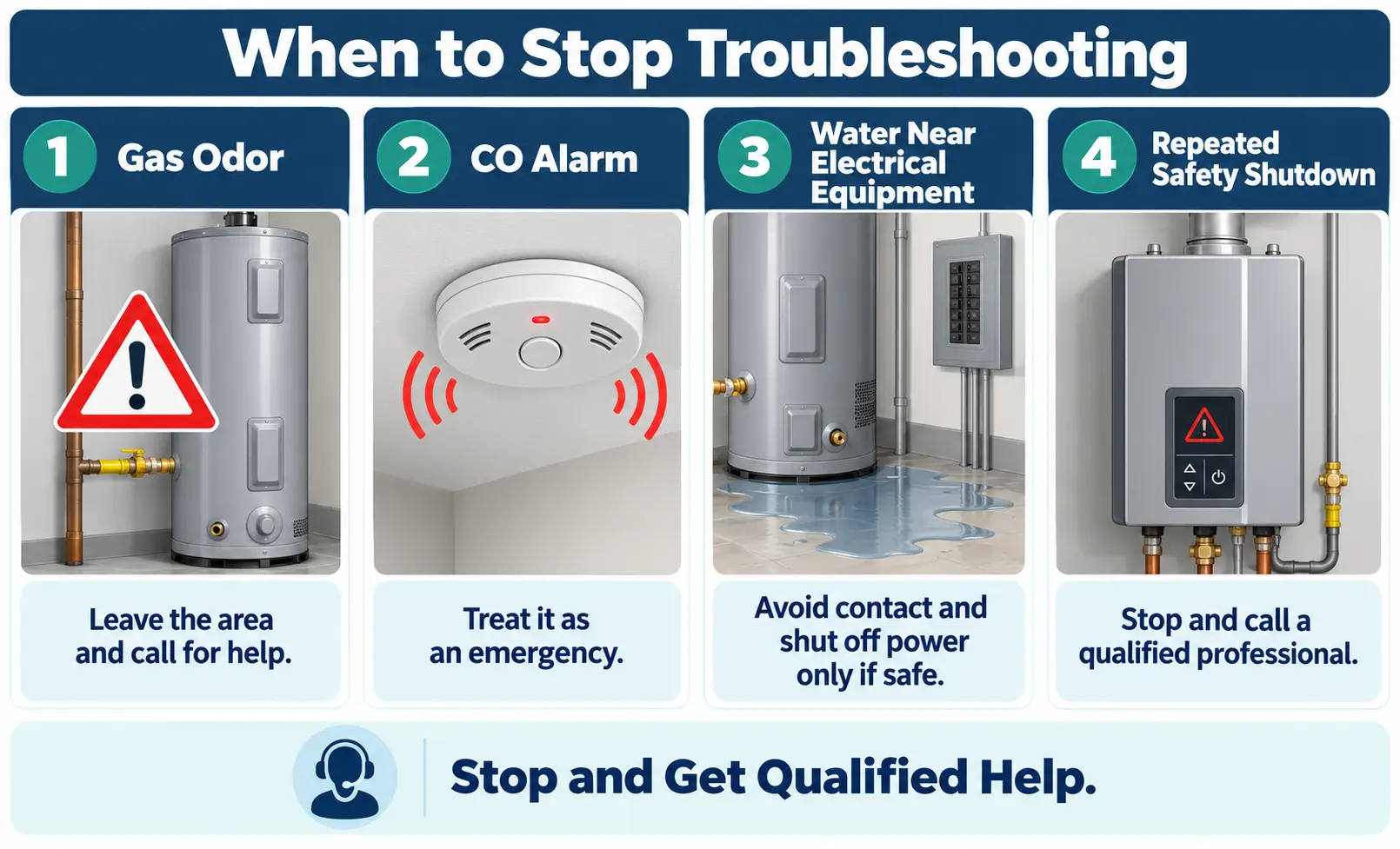 Four water heater warning signs: gas odor, carbon monoxide alarm, water near electrical equipment, and repeated safety shutdowns.