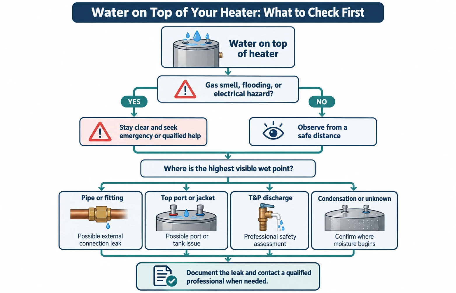 Decision chart for a leaking water heater top: emergency hazards first, then external pipe, top opening, T and P discharge, or unknown source